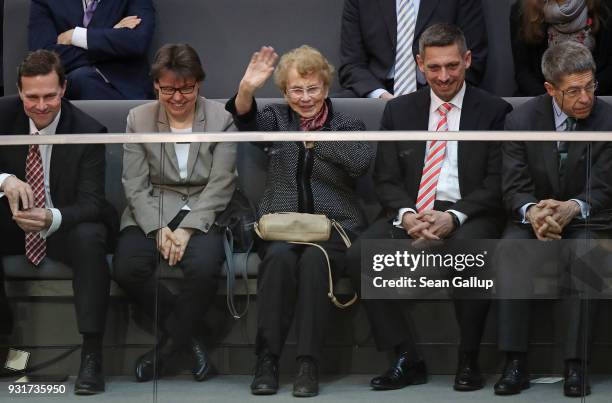 Herlind Kasner , mother of German Chancellor Angela Merkel, waves to her daughter during Merkel's election by the Bundestag for a fourth term as...