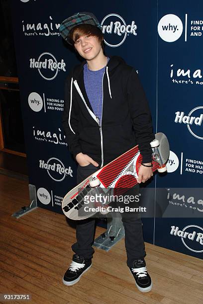 Justin Bieber donates a signed skateboard from his new music video to The Hard Rock Cafe. The Hard Rock Cafe Hollywood on November 17, 2009 in...