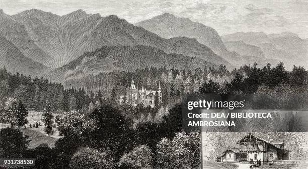 Peles castle and hunting lodge of Carol I, King of Romania, in the Carpathian Mountains, Romania, illustration from the magazine The Graphic, volume...