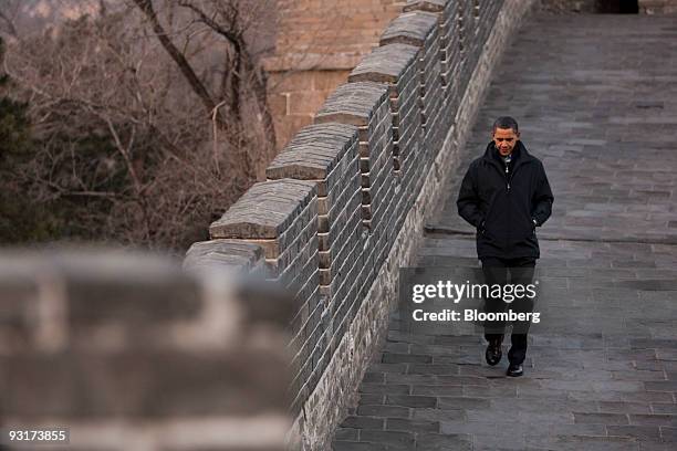 President Barack Obama tours China's Great Wall in Beijing, China, on Wednesday, Nov. 18, 2009. Obama and Chinese President Hu Jintao left their...