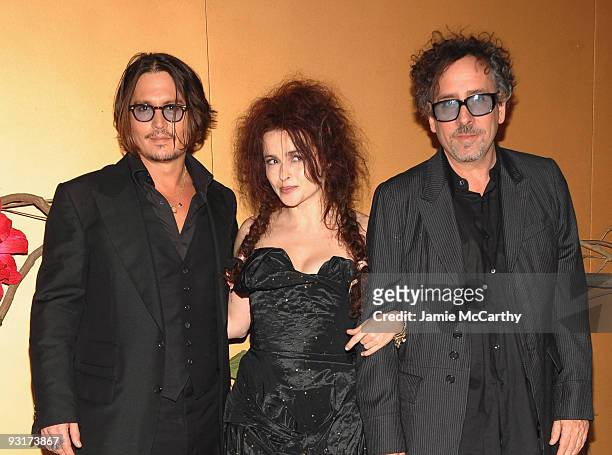 Actor Johnny Depp, actress Helena Bonham Carter and director Tim Burton attend a Tribute to Tim Burton at The Museum of Modern Art on November 17,...