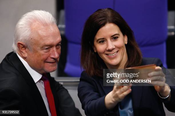 Wolfgang Kubicki , vice-leader of the free democratic FDP party and one of the Vice Presidents of the Bundestag, and FDP member Katja Suding take a...