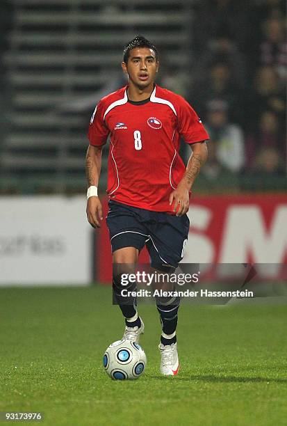 Arturo Vidal of Chile runs with the ball during the international friendly match between Slovakia and Chile at the MSK Zilina stadium on November 17,...