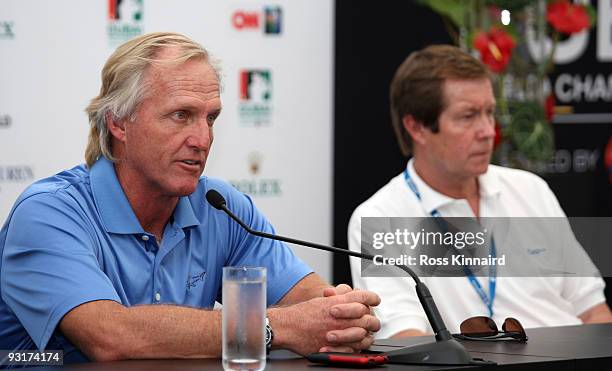 Greg Norman of Australia and George O'Grady the Chief Executive of The European Tour during a press conference prior to the Dubai World Championships...