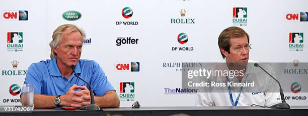 Greg Norman of Australia and George O'Grady the Chief Executive of The European Tour during a press conference prior to the Dubai World Championships...