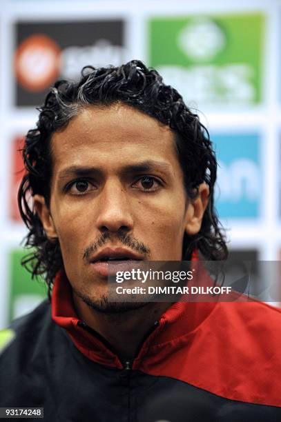 Portuguese player Bruno Alves speaks during a press conference in Zenica on November 17 on the eve of their WC2010 play-off football match against...