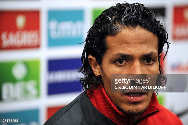 Portuguese player Bruno Alves speaks during a press conference in Zenica on November 17 on the eve of their WC2010 play-off football match against...