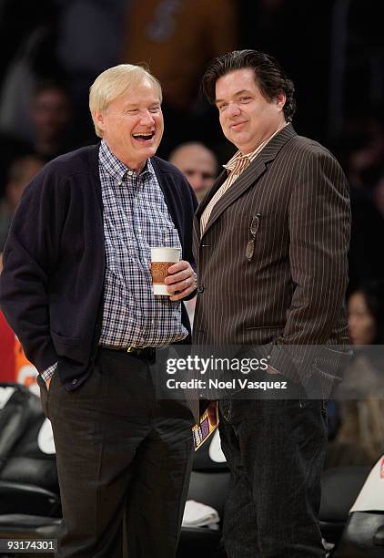 Chris Matthews and Oliver Platt attend a game between the Detroit Pistons and the Los Angeles Lakers at Staples Center on November 17, 2009 in Los...