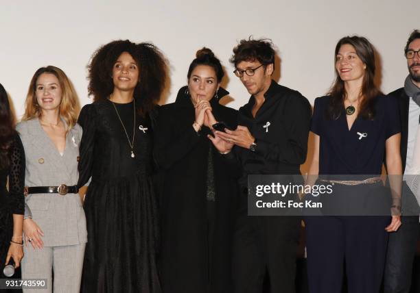 Actresses Alice David, Stefi Celma, Lola Dewaere, a guest and Anne Sophie Bion attend 'Mobile Film Festival 2018' at Mk2 Bibliotheque on March 13,...