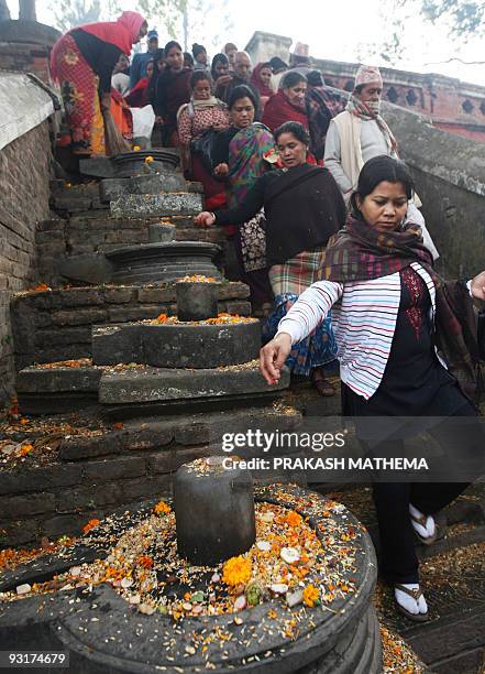 Nepalese Hindu devotees offer various plant seeds during Balachaturdashi festival at the Pashupatinath temple in Kathmandu on November 15, 2009....