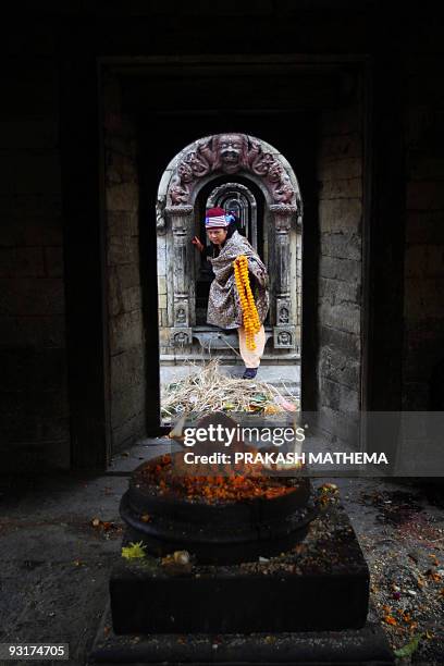 Nepalese Hindu devotee is seen at the Pashupatinath temple during Balachaturdashi festival in Kathmandu on November 15, 2009. Devotees sow seven...