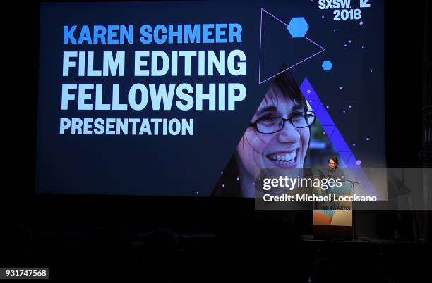 Editor Garret Savage presents the Karen Schmeer Film Editing Fellowship Presentation award at the SXSW Film Awards show during the 2018 SXSW...