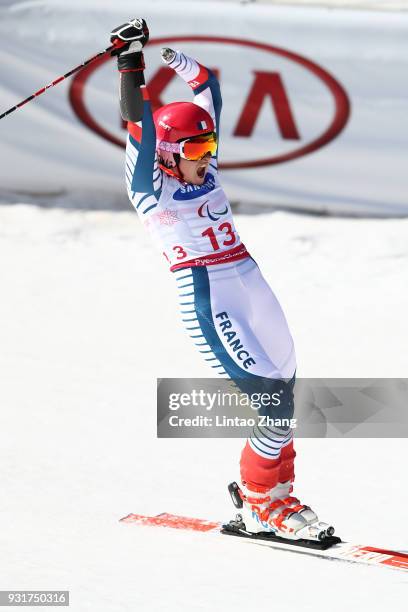 Gold Medalist Marie Bochet of France celebrates after competes in Women's Giant Slalom Run 2 - Standing at Alpensia Biathlon Centre on day five of...