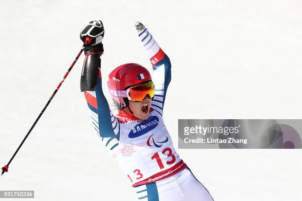 Gold Medalist Marie Bochet of France celebrates after competes in Women's Giant Slalom Run 2 - Standing at Alpensia Biathlon Centre on day five of...