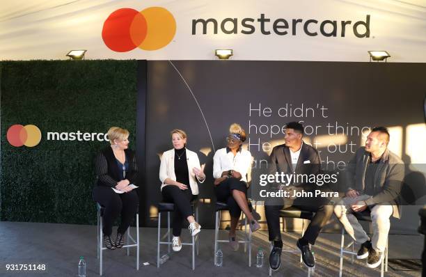 Holly Rowe, Annika Sorenstam, Essence Carson, Julius Thomas and Johnny Damon attends the Mastercard At The 2018 Arnold Palmer Invitational Panel...