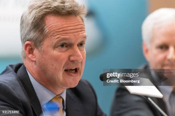 Rupert Hogg, chief executive officer of Cathay Pacific Airways Ltd., speaks during a news conference in Hong Kong, China, on Wednesday, March 14,...