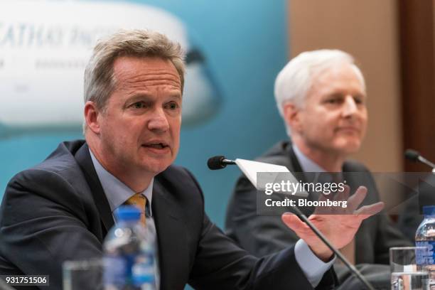 Rupert Hogg, chief executive officer of Cathay Pacific Airways Ltd., speaks during a news conference in Hong Kong, China, on Wednesday, March 14,...