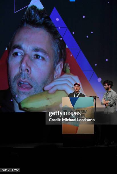 Filmmakers Zeek Earl and Chris Caldwell accept the Adam Yauch Hornblower award for "Prospect" at the SXSW Film Awards show during the 2018 SXSW...