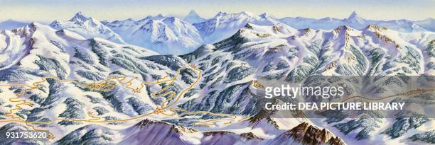 Winter view of Via Lattea, with Sestriere, San Sicario, Cesana and Claviere, drawing, Piedmont, Italy.