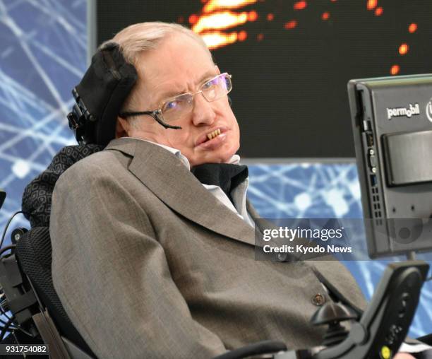 File photo taken in April 2016 shows British physicist Stephen Hawking, world renowned for his studies on black holes, attending a press conference...