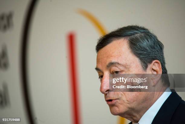 Mario Draghi, president of the European Central Bank , speaks at the 'ECB and its Watchers' conference in Frankfurt, Germany, on Wednesday, March 14,...