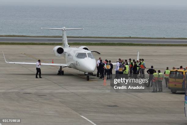 Air ambulance bound from Qatar is seen after emergency landing at Trabzon Airport in the eastern Black Sea region of Turkey on March 14, 2018.