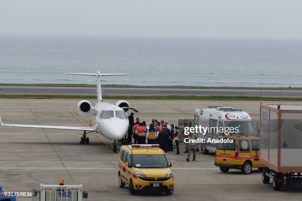 Air ambulance bound from Qatar is seen after emergency landing at Trabzon Airport in the eastern Black Sea region of Turkey on March 14, 2018.