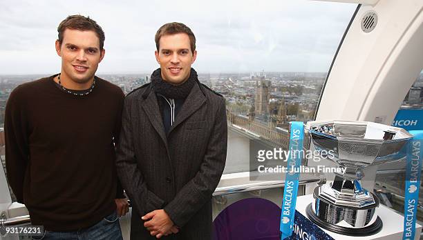 Bob and Mike Bryan of USA pose for a photo at the Barclays ATP World Tour Finals Player Draw on the London Eye on November 18, 2009 in London,...