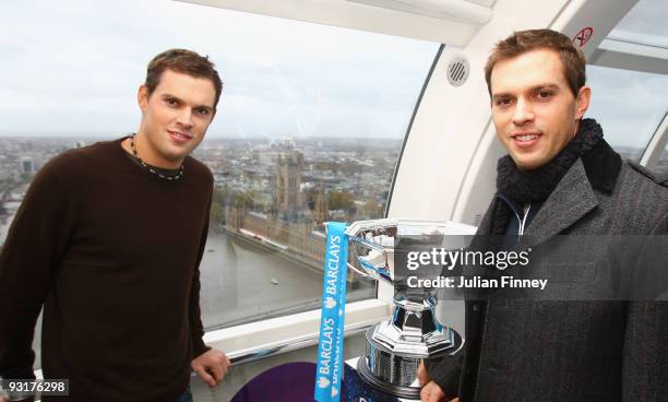 Bob and Mike Bryan of USA pose for a photo at the Barclays ATP World Tour Finals Player Draw on the London Eye on November 18, 2009 in London,...