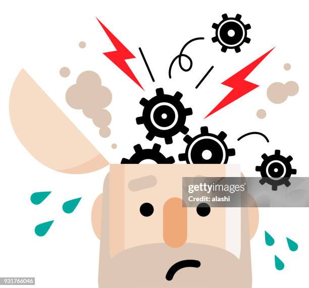 ilustrações de stock, clip art, desenhos animados e ícones de breakdown concept, senior man with open head and popping gear - tensão