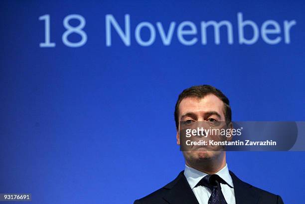 Russian President Dmitry Medvedev is seen during a statement announcement at the start of a one-day EU-Russia summit on November 18, 2009 in...