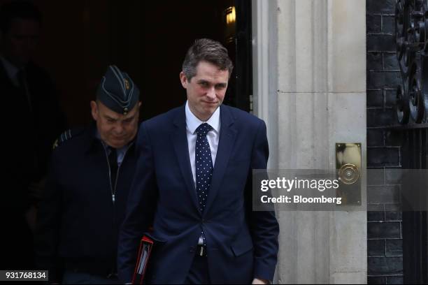 Gavin Williamson, U.K. Defense secretary, exits 10 Downing Street following a national security meeting in London, U.K., on Wednesday, March 14,...