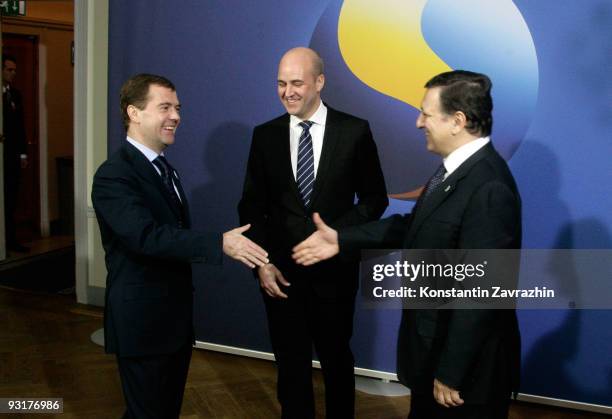 Russian President Dmitry Medvedev, Swedish Prime Minister Fredrick Reinfeldt, and European Commission President Jose Manuel Barroso attend a...