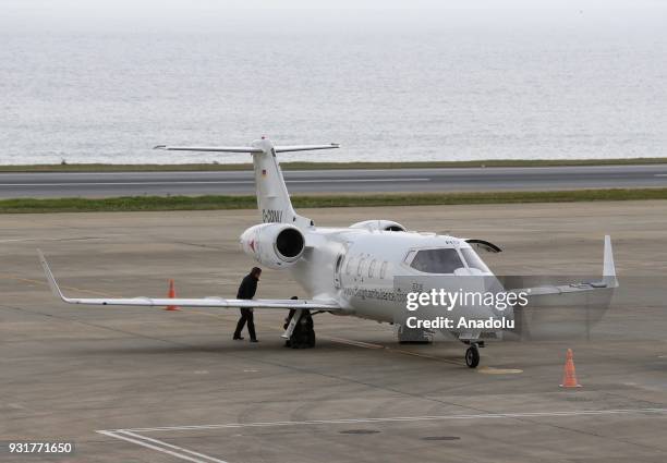 Air ambulance bound from Qatar is seen after emergency landing at Trabzon Airport in the eastern Black Sea region of Turkey on March 14, 2018.