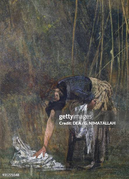 Peasant woman picking up her washing by Giovanni Boldini , tempera on wall, 248x127 cm, from Villa La Falconiera, Pistoia. Italy, 20th century....