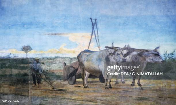 Collection of manure, wagon with oxen by Giovanni Boldini , tempera on wall, by Villa La Falconiera, Pistoia. Italy, 20th century.