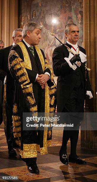 Speaker of The House of Commons John Bercow walks with The Gentleman Usher of the Black Rod Sir Freddie Viggers during the State Opening of...