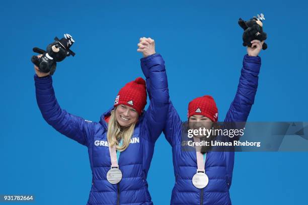 Menna Fitzpatrick of Great Britain and her guide Jennifer Kehoe celebrates during the medal ceremony for Women's Giant Slalom during day five of the...