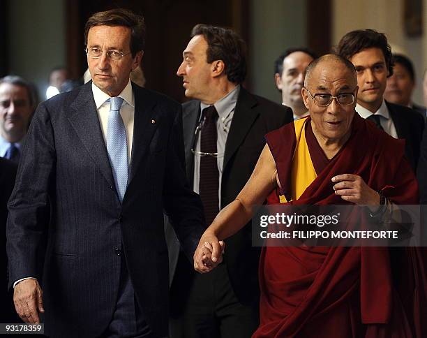 Tibet's exiled spiritual leader the Dalai Lama meets with the President of the Italian Parliament Gianfranco Fini on November 18, 2009 in Rome's...