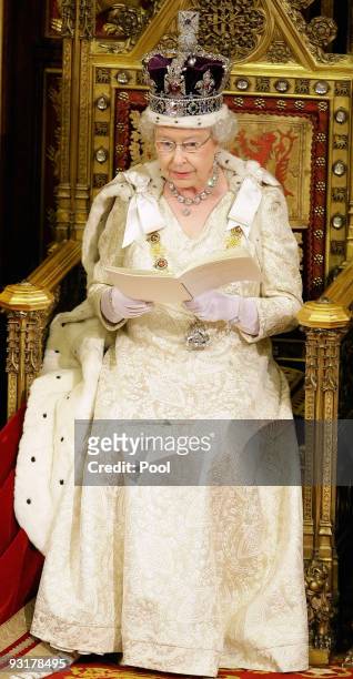 Queen Elizabeth II delivers her speech, which officially opens the new session of Parliament, in the House of Lords within the Palace of Westminster...