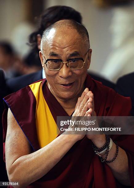 Tibet's exiled spiritual leader the Dalai Lama arrives for a meeting with the President of the Italian Parliament Gianfranco Fini on November 18,...