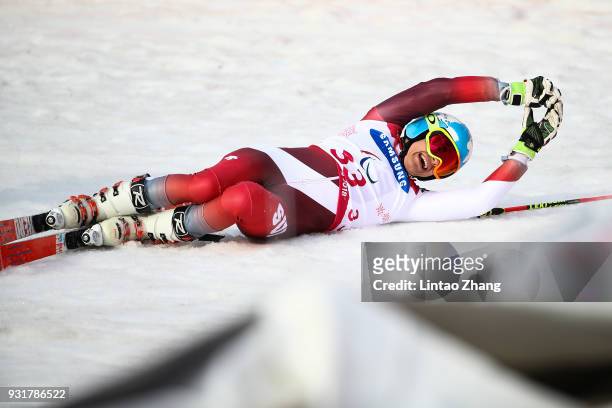 Gold Medalist Theo Gmur of Switzerland celebrates after he competes in the Men's Giant Slalom Run Standing at Alpensia Biathlon Centre on day five of...
