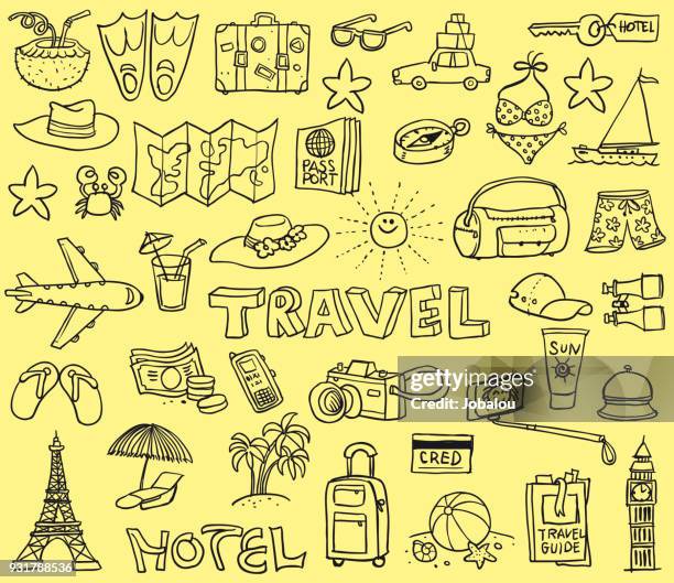 reisen, lustige doodles - hotel cartoon stock-grafiken, -clipart, -cartoons und -symbole