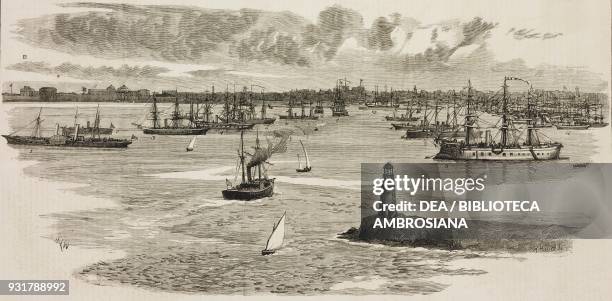 The allied naval squadron in harbour at Alexandria: 1 the Khedive's yacht Maharoussa, 2 Greek ironclad King George, 3 Greek frigate Hellas, 4...