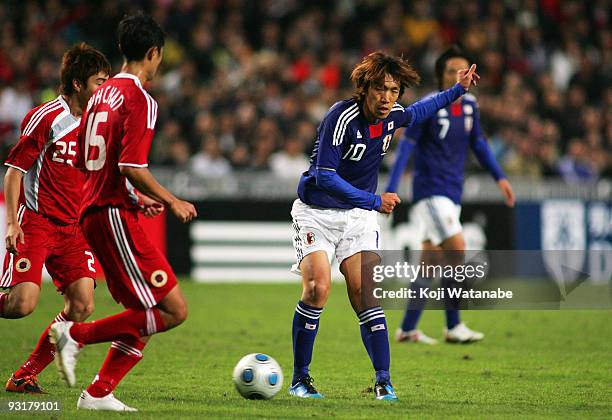 Shunsuke Nakamura of Japan in action during AFC Asia Cup 2011 Qatar qualifier match between Hong Kong and Japan at Hong Kong Stadium on November 18,...