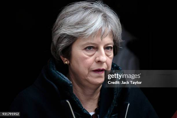 British Prime Minister Theresa May leaves Number 10 Downing Street on March 14, 2018 in London, England. Mrs May is expected to announce measures...