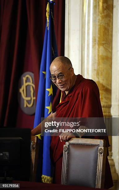 Tibet's exiled spiritual leader the Dalai Lama takes part in a conference on Tibet at the Italian Parliament on November 18, 2009 in Rome's Palazzo...