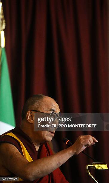 Tibet's exiled spiritual leader the Dalai Lama takes part in a conference on Tibet at the Italian Parliament on November 18, 2009 in Rome's Palazzo...