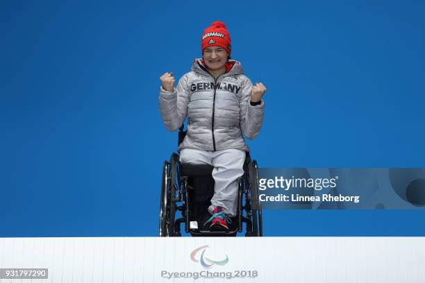 Anna-Lena Forster of Germany celebrates during the medal ceremony of Women's Super Combined Slalom, Sitting during day five of the PyeongChang 2018...