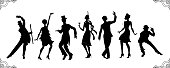 Charleston Party. Gatsby style set. Group of retro woman and man black silhouette dancing charleston. Vintage style.retro silhouette dancer.1920 party vector background.Swing dance girl.